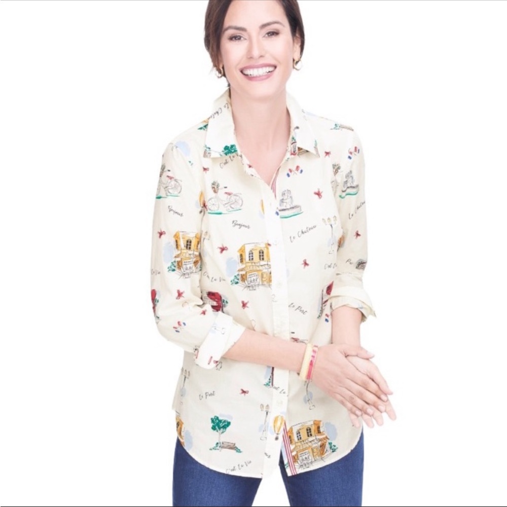 Talbots Classic Cotton Shirt Size P Novelty Scenic France Button Down